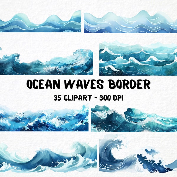 Watercolor Ocean Waves Borders 35 Png Clipart Bundle, DIY Graphics, Scrapbooking Elements, Card Making Stationery Borders, Commercial Use