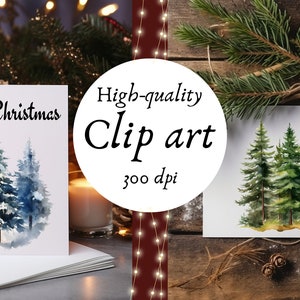 May include: Two watercolor paintings of pine trees. The first painting is a winter scene with blue and white trees and the text "Merry Christmas". The second painting is a green forest scene. Both paintings are on white paper and have a rustic wooden background.