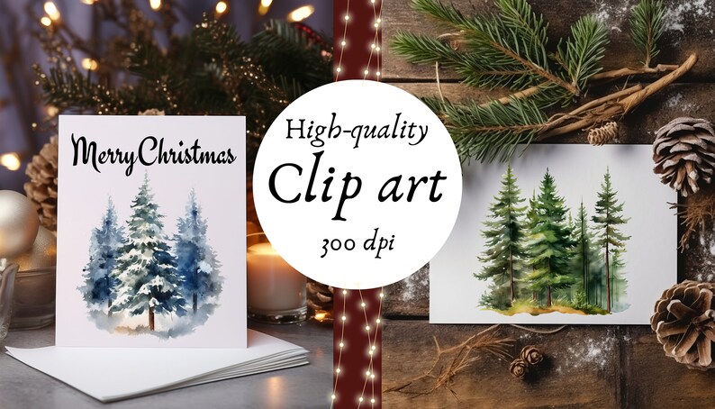 May include: Two watercolor paintings of pine trees. The first painting is a winter scene with blue and white trees and the text "Merry Christmas". The second painting is a green forest scene. Both paintings are on white paper and have a rustic wooden background.