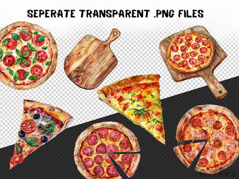May include: A set of watercolor illustrations of various pizzas, including a whole pizza with pepperoni and basil, a slice of pizza with pepperoni and cheese, a whole pizza with pepperoni and cheese, and a slice of pizza with pepperoni and cheese. There is also a wooden cutting board.
