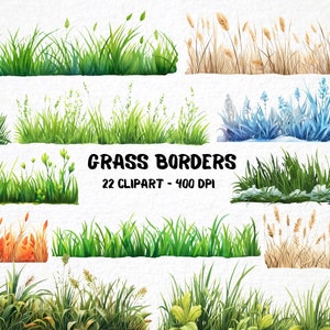 Bordes de hierba con acuarela: paquete de 22 imágenes prediseñadas, gráficos de naturaleza DIY, elementos para scrapbooking, bordes de papelería para tarjetas, uso comercial