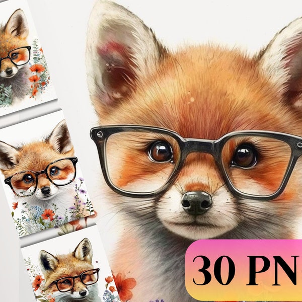 Cute Fox in Glasses Clip Art Funny Animal Design Bundle, Watercolor Cute Fox Wearing Glasses Crafting Materials, Printable Digital Paper PNG