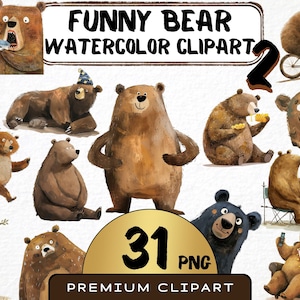 Lustiger Bär 2 Clipart 31 Png, niedliche Karikatur-Waldtiere Kunst, schrulliges Braunbär-Aquarell, Cartoon Teddy Digitaldruck, Sublimation