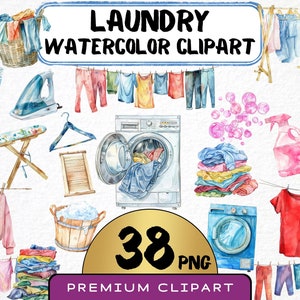 Watercolor Laundry Cleaning Clipart 38 Png, Washing Machine Illustration, Drying Clothes, Digital Prints, Instant Download, Scrapbooking