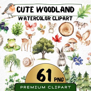 Clipart de bosque lindo 61 PNG, Animales del bosque en acuarela para guardería, Descarga digital, Conejito, Zorro, Mapache, Ciervo PNG, Uso comercial, Pino