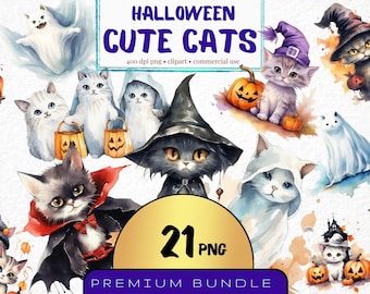 May include: A set of 21 digital illustrations of cute cats dressed in Halloween costumes. The cats are wearing costumes such as witches, ghosts, vampires, and pumpkins. The illustrations are in a watercolor style and are perfect for use in digital scrapbooking, card making, and other creative projects.