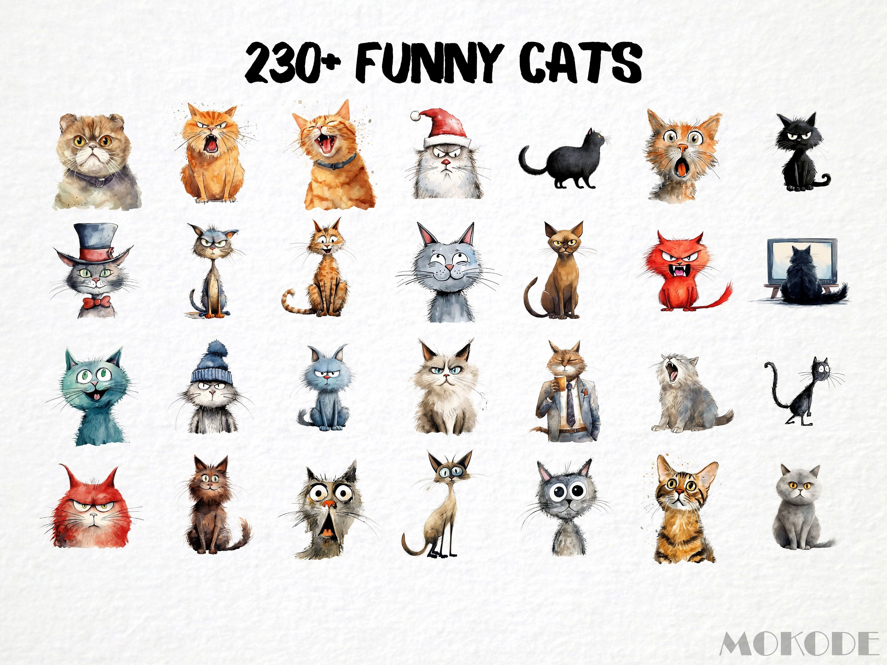 Funny Cats Watercolor Clipart Megabundle, 230+ PNG (digital Download ...