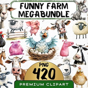 Funny Farm Animals Megabundle Clipart 420 Png, Cute Caricature Sheep, Quirky Cow Watercolor Silly Pig, Chicken Cartoon Animal Digital Prints