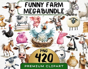 May include: A collection of 420 watercolor illustrations of funny farm animals, including a pig, cow, sheep, chicken, donkey, and llama. The illustrations are in a cartoon style and are perfect for use in digital scrapbooking, card making, and other craft projects.