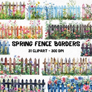 Watercolor Spring Fence Borders - 31 Clipart Bundle, DIY Floral Graphic, Spring Scrapbooking, Card Making Stationery Border, Commercial Use