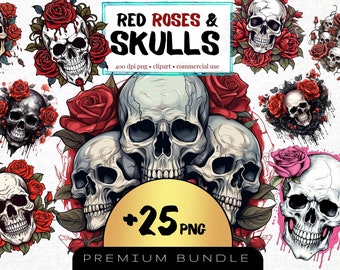 Watercolor Roses and Skulls PNG, Set of 25, Halloween Clipart, Floral Skull PNG, Fantasy clipart, Gothic clipart, transparent Skull png