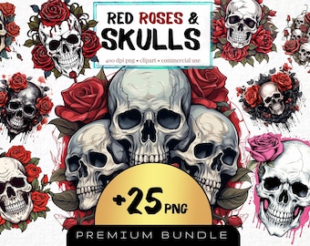 Calavera y rosas en acuarela, conjunto PNG de Halloween gótico (25 archivos)