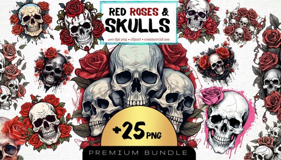 Watercolor Skull and Roses Clipart, Gothic Halloween PNG Set (25 Files)