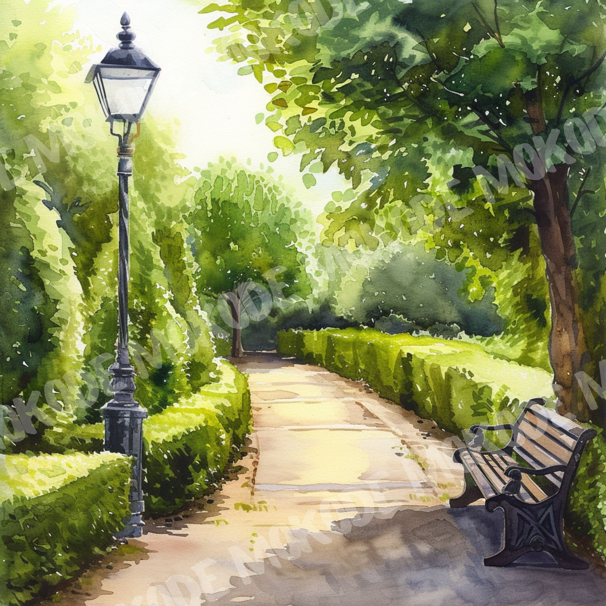 12 High Quality Watercolor City Park Designs Png, Sunny Garden Walk Illustration, Journaling, Wall Art, Digital Download, Commercial Use