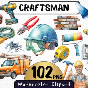 Può includere: Set di clipart ad acquerello con vari strumenti e attrezzature per lavori di costruzione e riparazione. Include un trapano, pinze, un casco, una livella, un metro a nastro, un martello e un camioncino. La parola "CRAFTSMAN" è in alto.