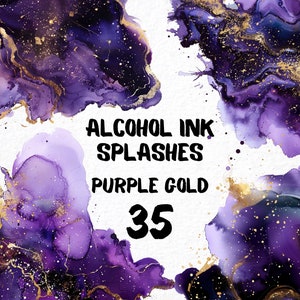 Abstrakt Lila Gold Farbe Splash Clipart 35 Png, Aquarell Alkohol Tinte Violet Schwarz, Sofort Download, Farbe Digitale Kunst, Kommerzielle Nutzung