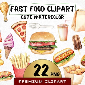 Peut inclure: Un ensemble de 22 illustrations aquarelle d'aliments de restauration rapide, comprenant un hamburger, des frites, une pizza, un hot-dog, des tacos, des nuggets de poulet, un cornet de glace et un milk-shake. Les illustrations sont dans un style mignon et cartoon et sont parfaites pour une utilisation dans des projets numériques ou imprimés.