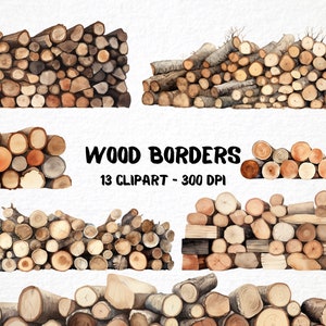 May include: Thirteen watercolor illustrations of wood borders. Each border is made up of stacked logs of various sizes and colors. The illustrations are perfect for adding a rustic touch to your designs.
