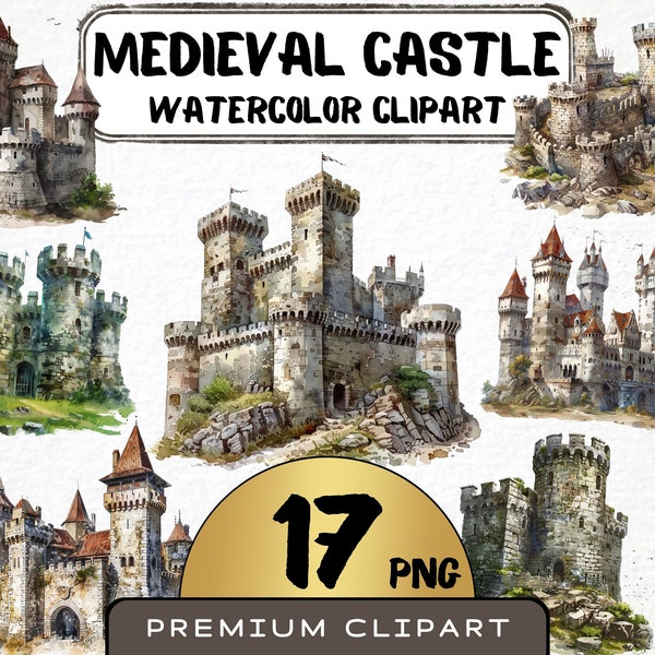Medieval Castle Clipart 17 Png, Stone Fortress Watercolor, Historical Building, Digital Art, Scrapbooking, Junk Journal, Commercial Use