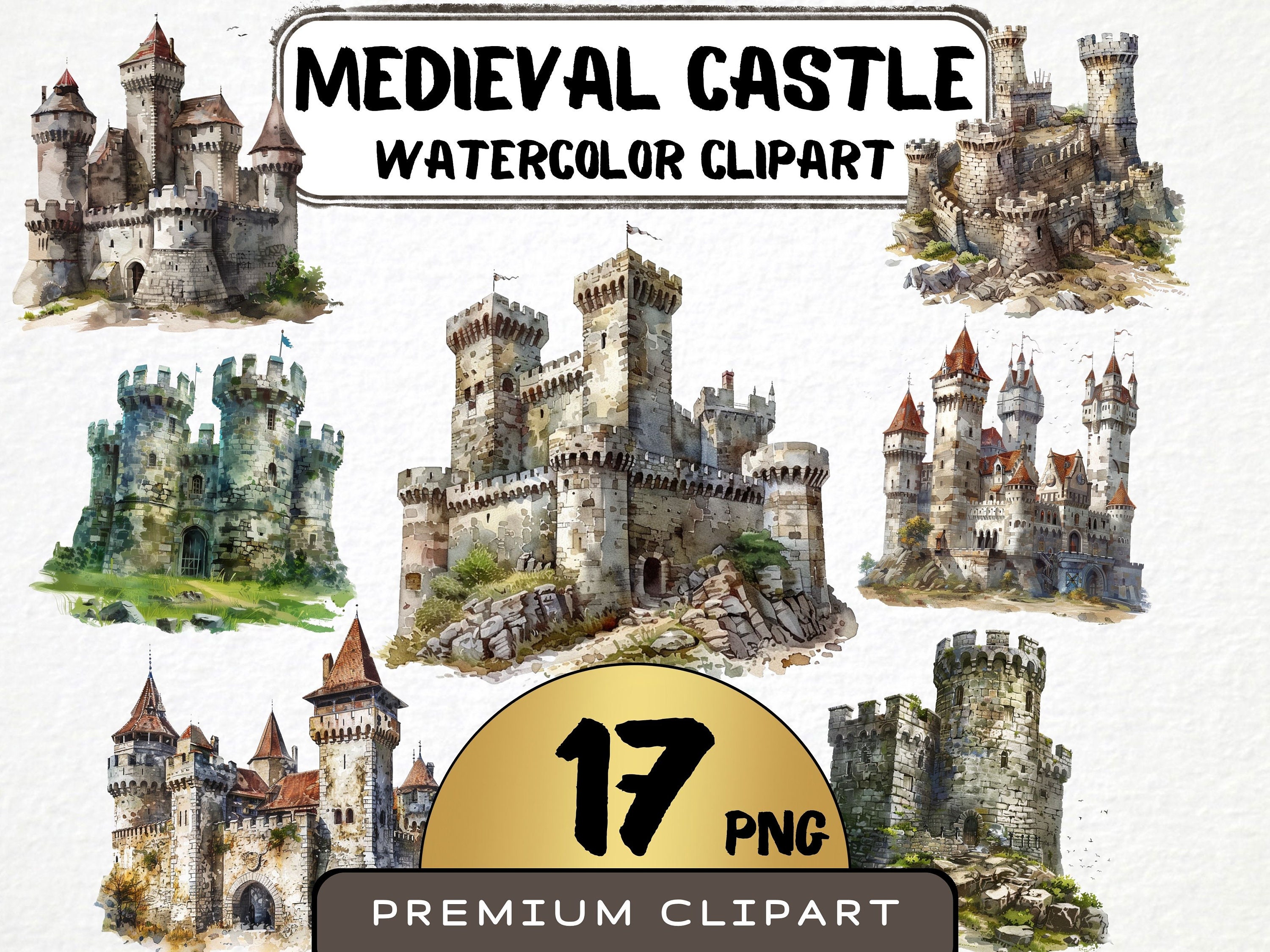 Medieval Castle Clipart 17 Png, Stone Fortress Watercolor, Historical Building, Digital Art, Scrapbooking, Junk Journal, Commercial Use
