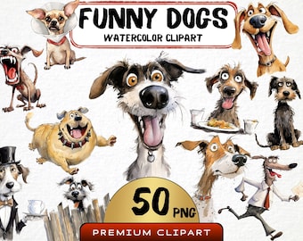 Funny Dog Watercolor Clipart, Caricature Pets, 50 PNG (Digital Prints)