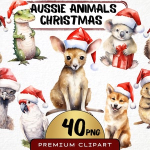 Aquarelle Aussie Christmas animaux Clipart, lot de 40, animaux de compagnie australiens, vacances australiennes, kangourou festif Png, Santa Koala, téléchargement numérique