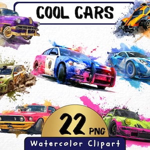 May include: A set of 22 watercolor clipart images of cool cars. The cars are in various colors and styles, including a purple car, a blue car, a green car, and a red car. The cars are all in a watercolor style, with splashes of color around them. The text "COOL CARS" is at the top of the image, and the text "22 PNG Watercolor Clipart" is at the bottom of the image.