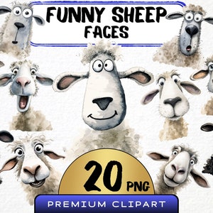 Funny Sheep Face Clipart 20 Png, Cute Caricature Farm Animal, Sheep Watercolor, Lamb Portrait, Cartoon Animals, Digital Prints, Junk Journal