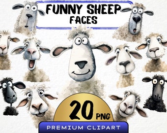 Funny Sheep Face Watercolor Clipart, Cartoon Animal Portraits (20 PNG)