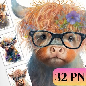 Cute Highland Cow  in Glasses Clipart Watercolor, Digital Design Bundle. PNG Files Cute Cow Babies Wearing Glasses Floral Design, Adorable Nerdy Highland Cow Clipart Crafting Material Tumbler Paper Digital Download PNG
SALE