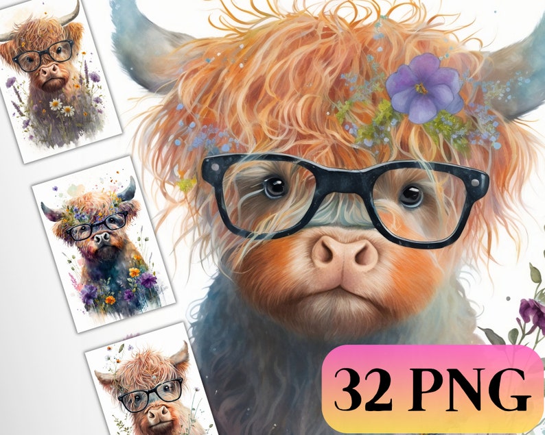 Cute Highland Cow  in Glasses Clipart Watercolor, Digital Design Bundle. PNG Files Cute Cow Babies Wearing Glasses Floral Design, Adorable Nerdy Highland Cow Clipart Crafting Material Tumbler Paper Digital Download PNG
SALE