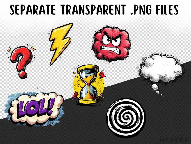 Comic Signs Clipart Bundle – 50 PNG Cartoon Symbols, Speech Bubbles ...