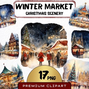 Clipart de paysage aquarelle de marché d'hiver, lot de 17, paysage de marché de Noël, carte d'invitation de Noël, art numérique, téléchargement numérique imprimable