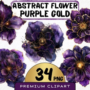 Abstrakt Lila Gold Blume Clipart 34 Png, Aquarell Blumen Alkohol Tinte Violett Schwarz, Sofort Download, digitale Kunst, kommerzielle Nutzung