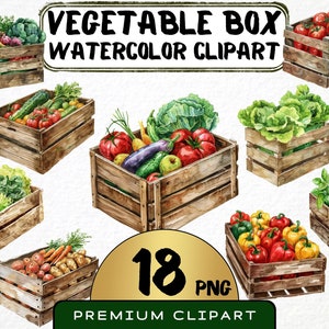Può includere: Clipart ad acquerello di 18 cassette di legno piene di diverse verdure, tra cui pomodori, peperoni, lattuga, melanzane e patate. Le cassette sono dipinte in uno stile rustico con tonalità marroni e beige. Il testo "VEGETABLE BOX WATERCOLOR CLIPART" è nella parte superiore dell'immagine. Il testo "18 PNG PREMIUM CLIPART" è nella parte inferiore dell'immagine.