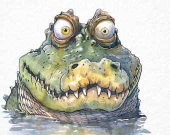 Lustige Krokodil Karikatur Clipart, schrullige Aquarell Alligator (Digitaldruck)