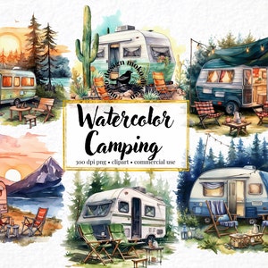 Van Life Campers Clipart, Set of 35, Watercolor Cute Caravan Camping Travel Illustrations PNG Digital Clip Art, Vacation Clipart Bundle PNG