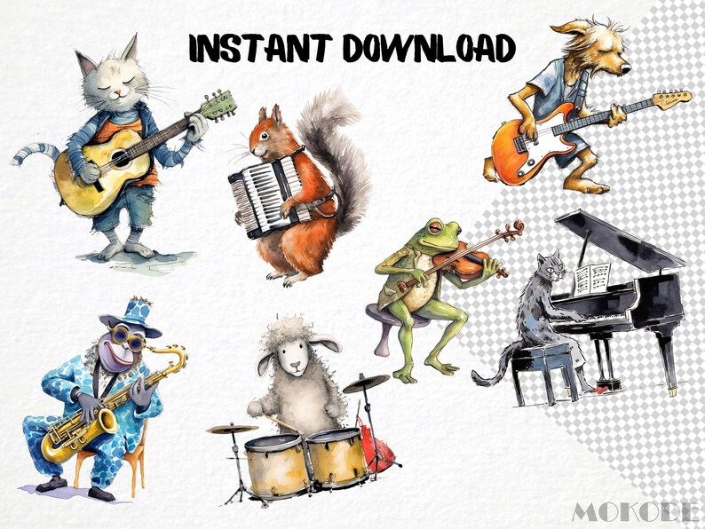 May include: A watercolor illustration of various animals playing musical instruments. A cat plays a guitar, a squirrel plays an accordion, a frog plays a violin, a sheep plays drums, a dog plays an electric guitar, and a cat plays a piano.