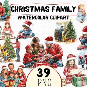 Akwarela Boże Narodzenie Rodzina Clipart 39 Png, Wigilia Prezenty Otwarcie, Santa Xmas Tree, Zaproszenie Karty Tworzenie, Komercyjne Wykorzystanie