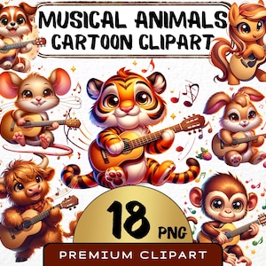 Schattige muzikale dieren clipart 18 png, tekenfilm dieren gitaar spelen, geanimeerde kunst, hond print, kinderkamermuziek, digitale kunst, scrapbooking