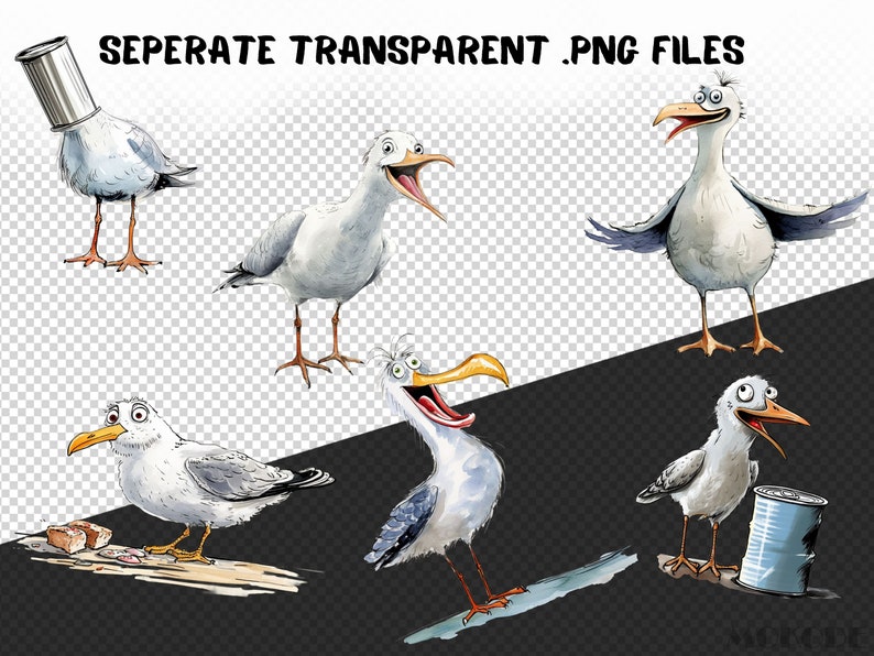 May include: Six cartoon illustrations of seagulls in various poses. Some seagulls are holding a can, while others are looking at the viewer. The illustrations are drawn in a watercolour style.