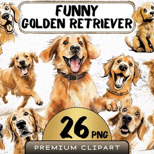 Funny Golden Retriever Clipart 26 Png, Cute Caricature Pet, Puppies Watercolor, Funny Dog, Cartoon Animal png, Digital Prints, Scrapbooking