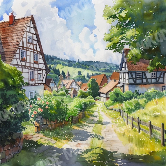 ヨーロッパカントリー　水彩画　原画 水彩画テラス ヨーロッパの風景3