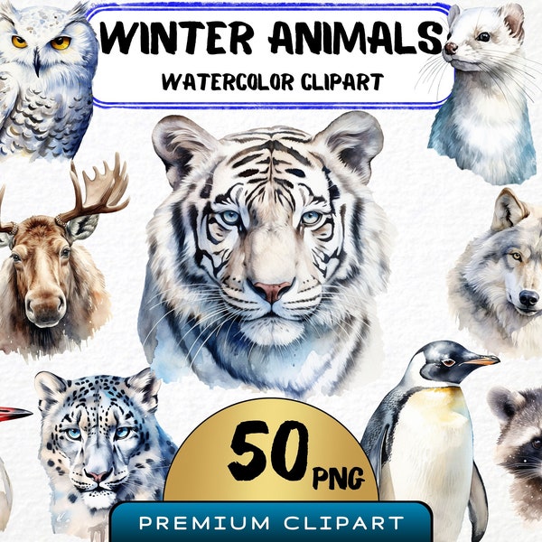 Winter Animals Watercolor Clipart 50 Png, White Tiger, Winter Squirrel, Wolf, Snow Leopard, Owl Illustration, Digital Prints, Scrapbooking