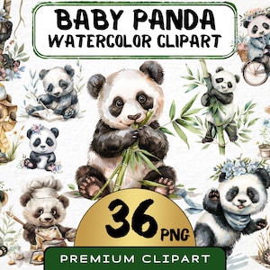 Aquarelle bébé panda clipart 36 Png, panda de style bohème, panda mignon png, illustration pour enfants, bambou png, travaux manuels pour enfants, fichier numérique imprimable
