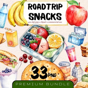 Roadtrip Snacks Clipart, Set of 33, Family Trip Food png, Sandwich Clipart, Lunchbox Clipart, Travel Snacks Watercolor, Food Scrapbooking
