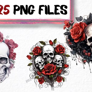 Explore a captivating clipart set featuring skulls and roses in diverse designs. Perfect for Gothic, tattoo, and edgy-themed projects. Find skull and rose illustrations, vintage motifs, and more!" Halloween, Skulls, Skull Clipart, Halloween Art