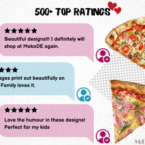 May include: A graphic with the text "500+ TOP RATINGS" and three customer reviews with five stars each. The reviews are about the quality of the designs and the printing on fabric. The graphic also includes three slices of pizza with different toppings.