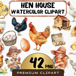 Aquarell Hühnerstall Clipart 42 Png, Hühnerhof Illustration, Hahn Clipart, Ei Png, Hühnerstall, druckbare digitale Datei, Einladungskarte