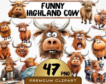 Puede incluir: Un conjunto de 47 ilustraciones digitales de vacas Highland divertidas en varias poses y expresiones. Las vacas son de estilo caricaturesco y tienen rasgos exagerados, como ojos grandes, sonrisas tontas y pestañas largas. Las ilustraciones están en un estilo de acuarela y tienen un toque caprichoso.